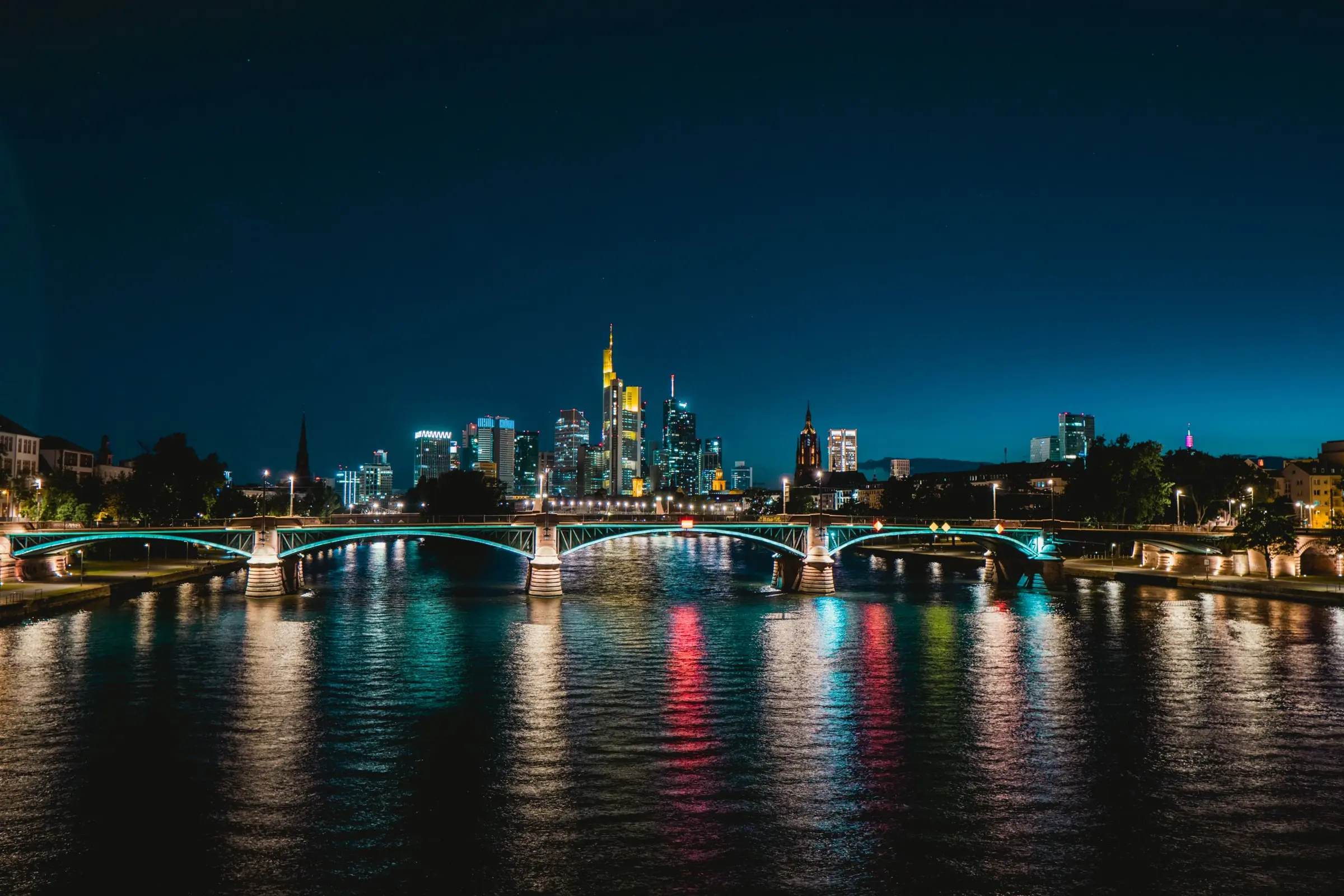 Frankfurt banking district at night on the Main