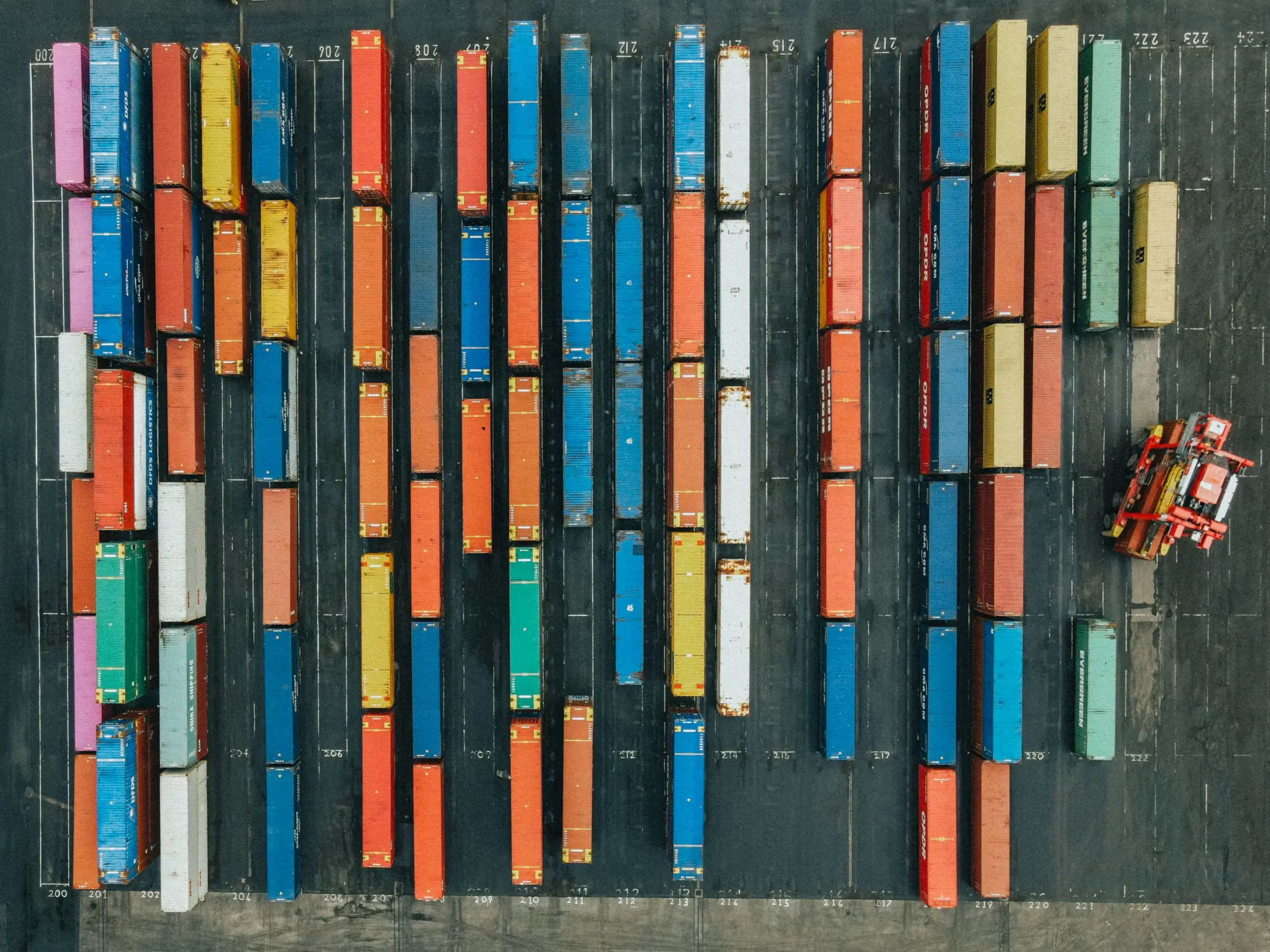 Container port from above with rows of coloured containers