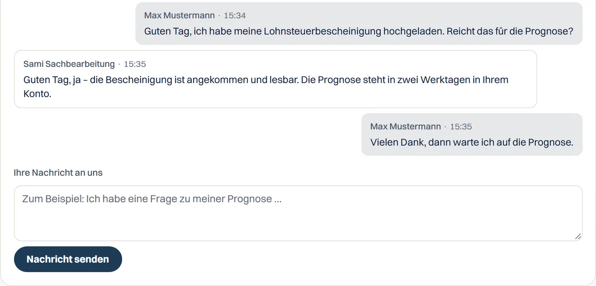 Ansicht aus dem Kundenkonto: Nachrichten austauschen