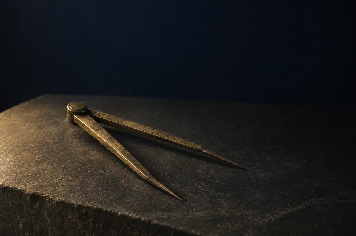 Ein geöffneter Stechzirkel aus dunkel patiniertem Messing auf einer Steinplatte, wie man ihn zum Abgreifen von Entfernungen auf einer Karte benutzt.