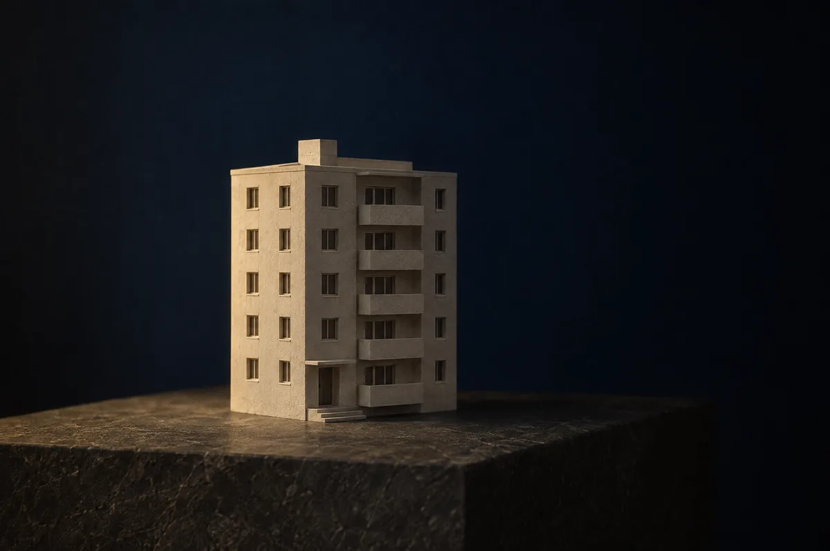 Ein Architekturmodell eines schlichten Wohnhauses aus weißem Gips auf dunklem Stein.