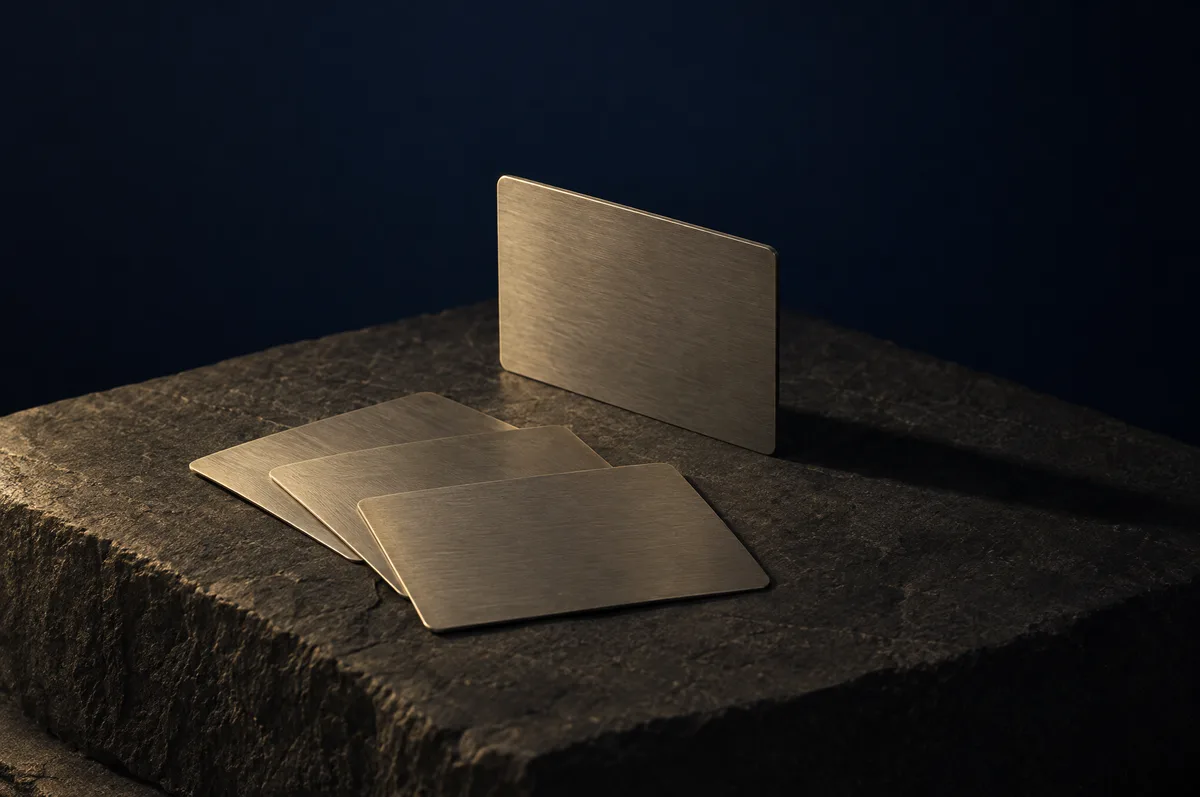 Drei unbedruckte Metallkarten versetzt nebeneinander, eine vierte steht aufrecht dahinter.