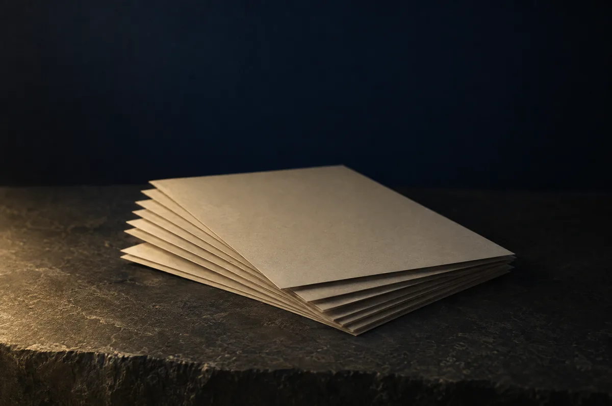 Ein leicht aufgefächerter Stapel unbedruckter Papierbögen auf dunklem Stein, von warmem Licht gestreift.