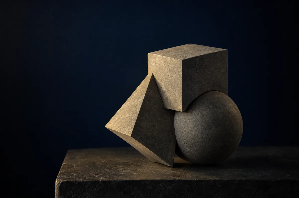 Drei ineinandergreifende geometrische Körper aus mattem grauem Stein.